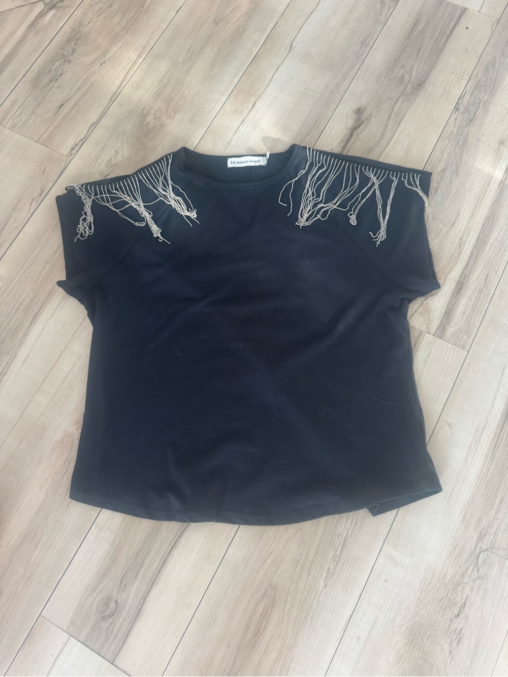 Rebecca Minkoff Black Beaded Chain Shoulder Top Women’s XL Retro , Moto